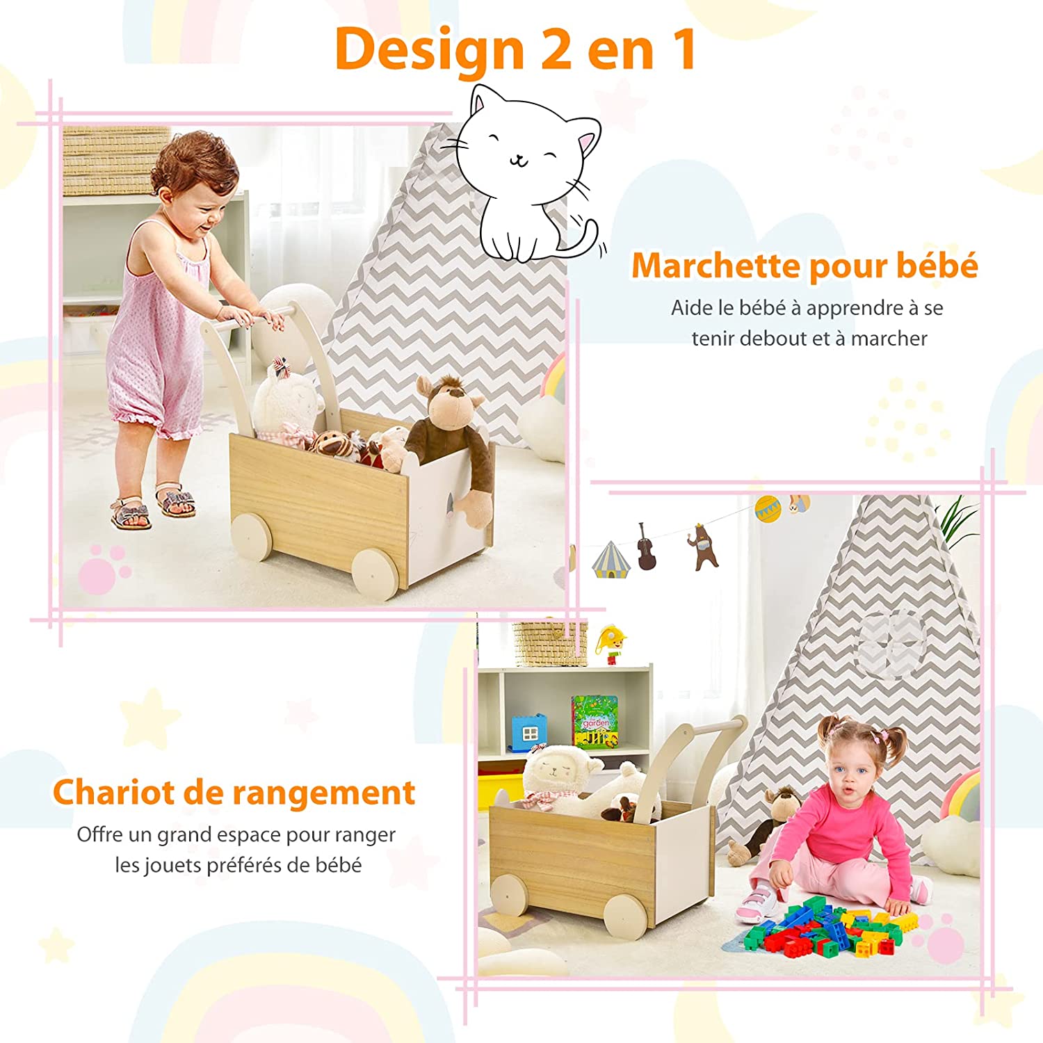 Costway En Trotteur Pousseur Enfant Chariot Enfant En Bois Chariot