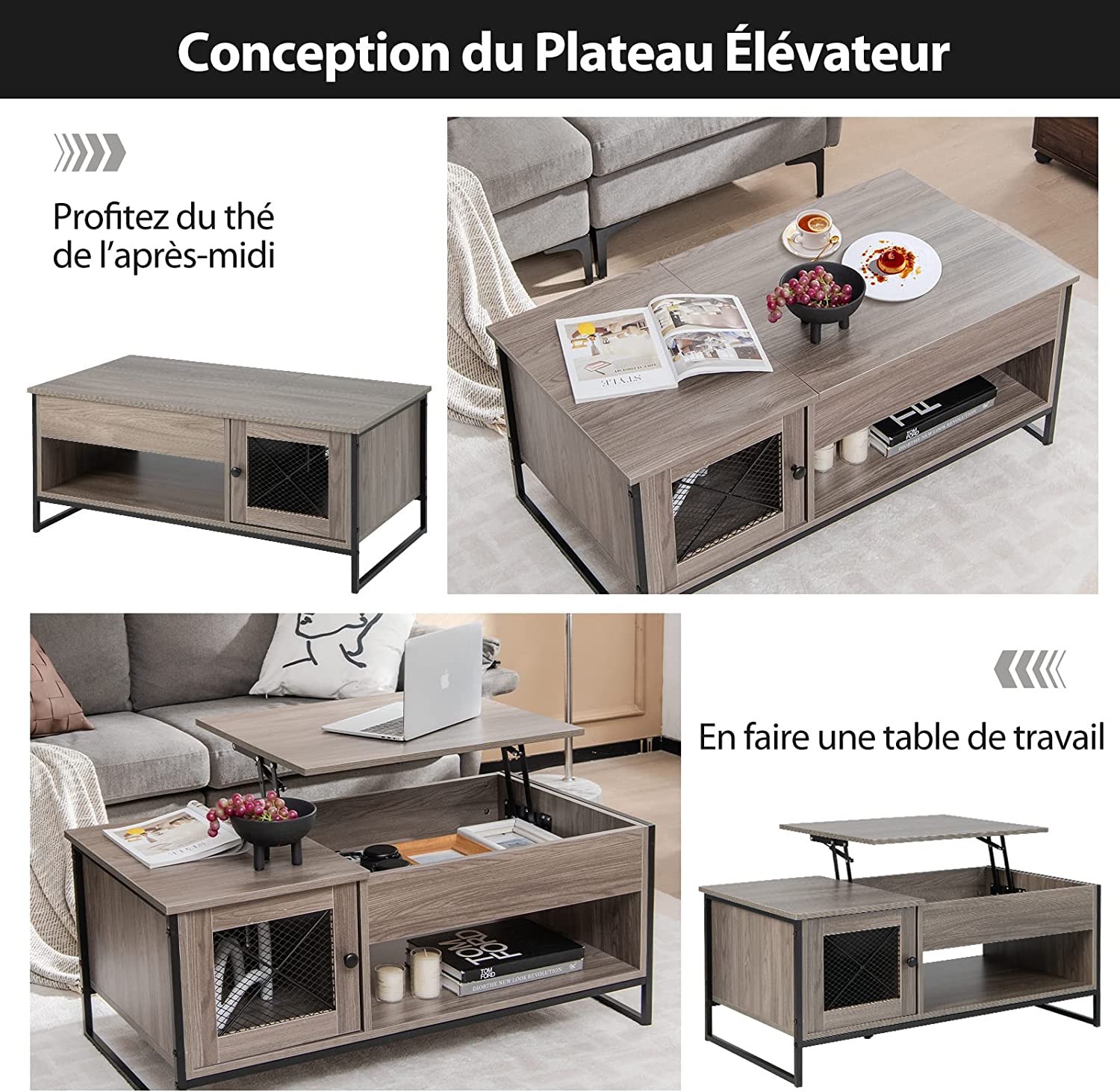 Costway Table Basse Relevable Avec Compartiment Ouvert Et Placard