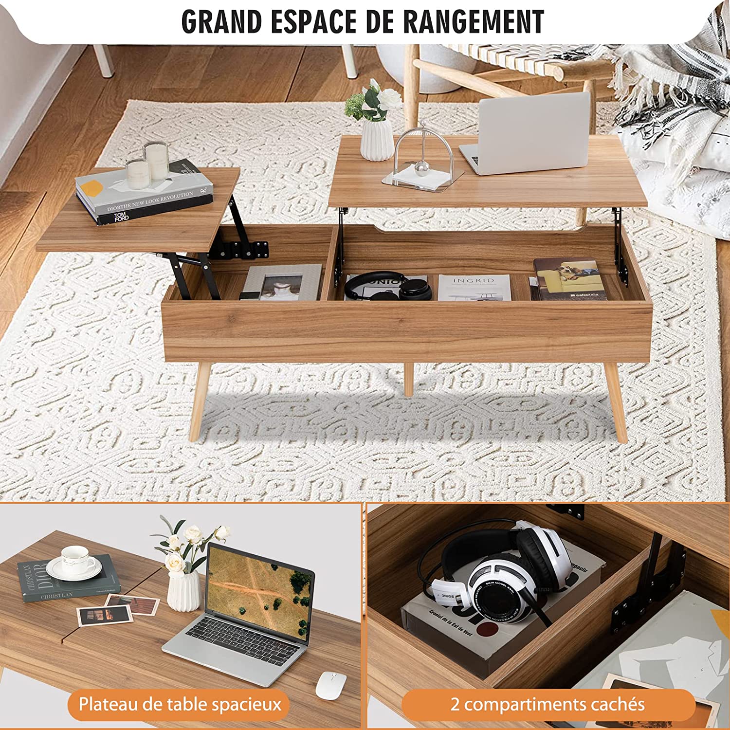 Costway Table Basse Relevable Avec 2 Plateau Relevables Et 2