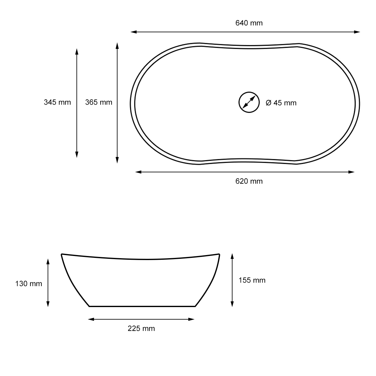 Lavabo Salle De Bain Ovale Céramique Blanc + Garniture De Vidange 640x365x130 Mm