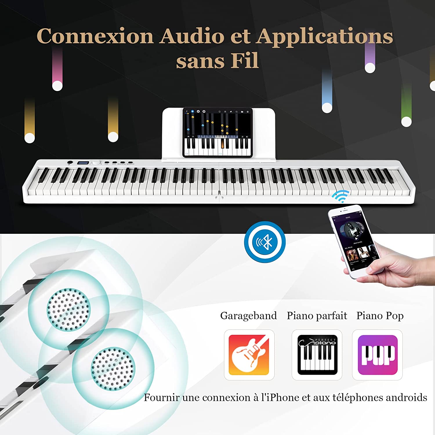 Piano Numérique Pliable À 88 Touches Avec Pupitre,clavier Electrique Portable Avec Touche Lumineuse