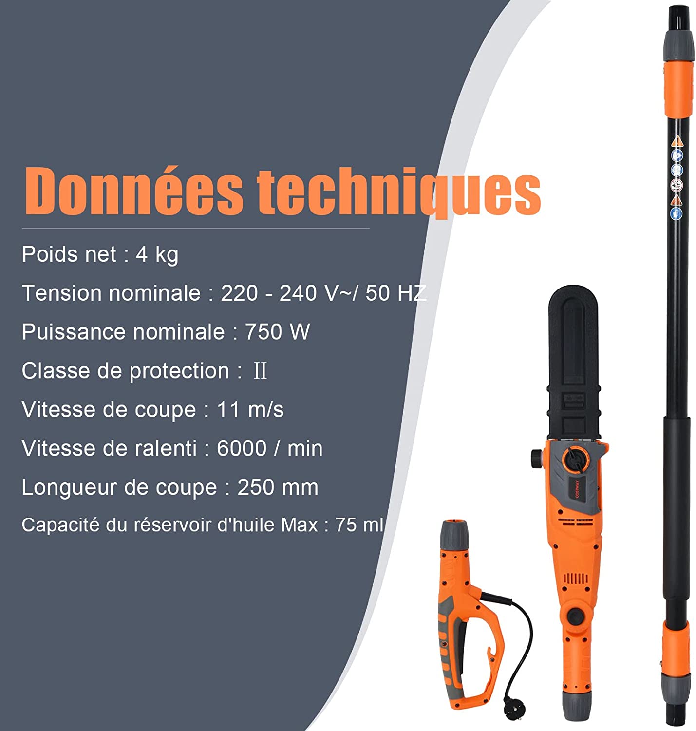 Elagueuse Sur Perche Télescopique 212-286 Cm 750w Tête Réglable Réservoir D'huile 60 Ml