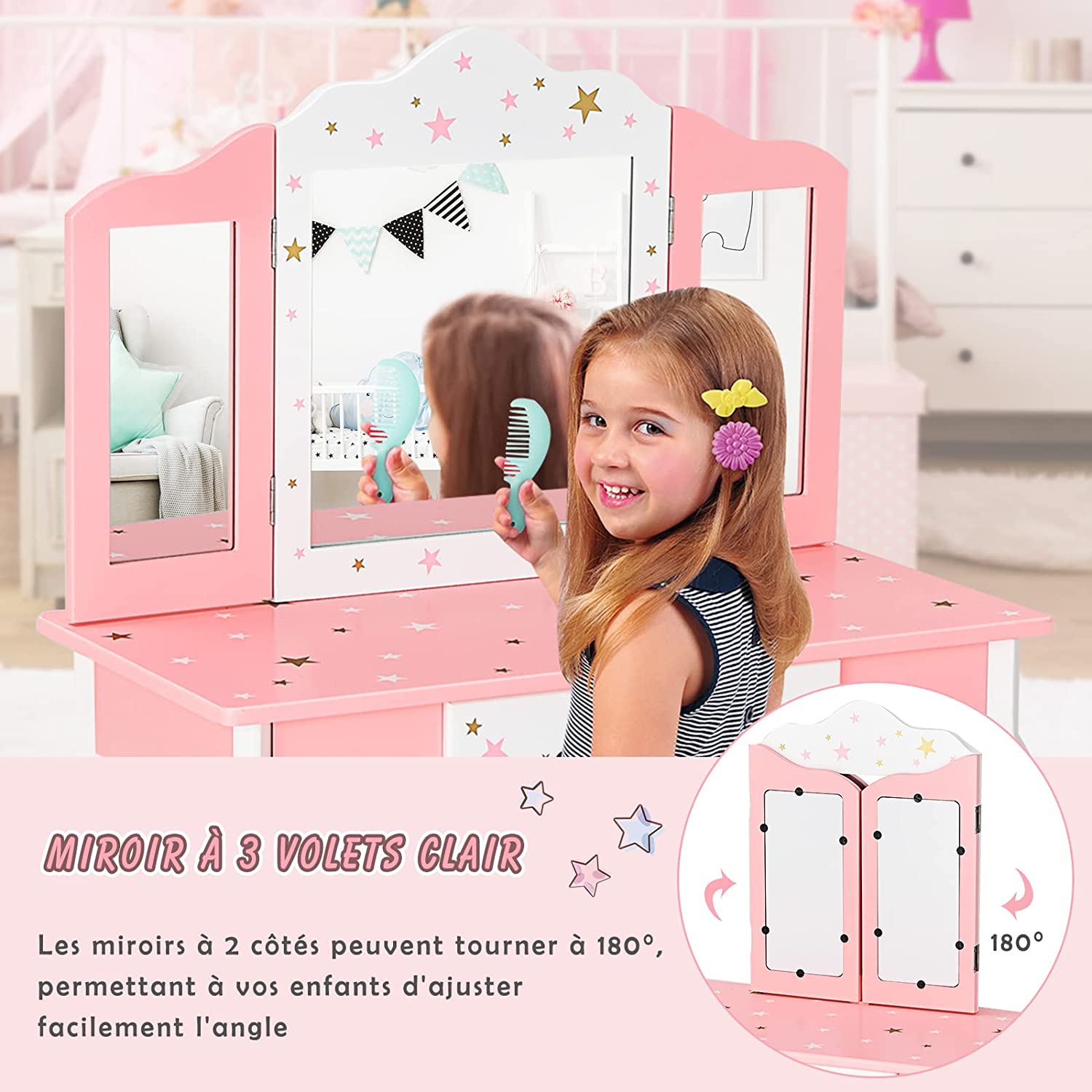Coiffeuse Avec Tabouret/table De Maquillage Pour Enfants Avec Miroir Pliable À 3 Pans, Tiroir