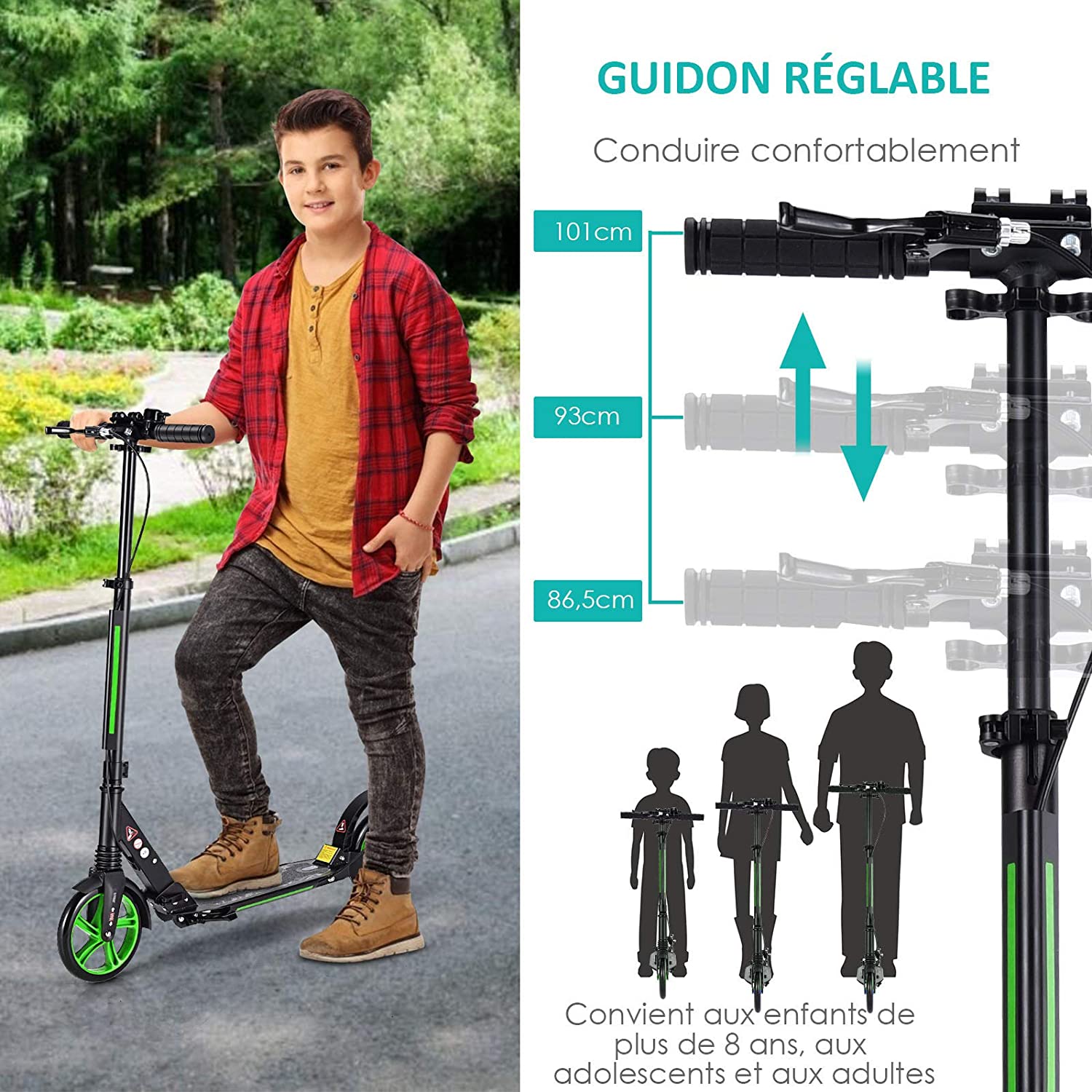 Costway Trottinette Pliable Avec Frein À 2 Roues Pour Enfant Plus De 8 Ans Hauteur Réglable En 3 Positions Fait