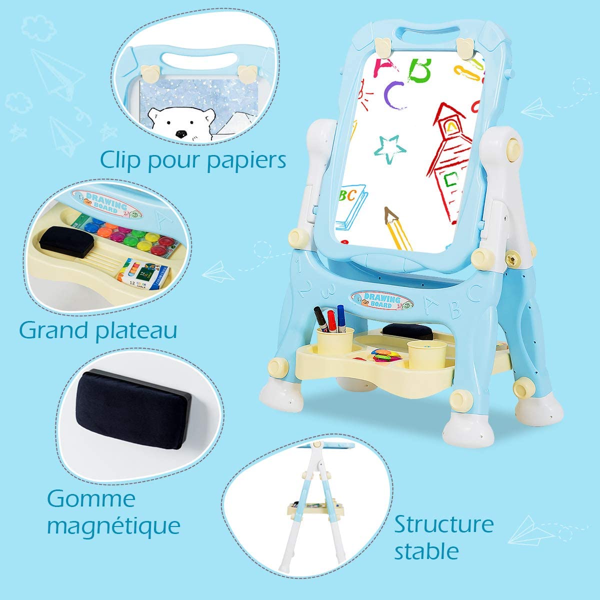 RELAX4LIFE Chevalet pour Enfants 3 en 1 avec Plateau Double Faces Noir et Blanc avec 2 Étagère
