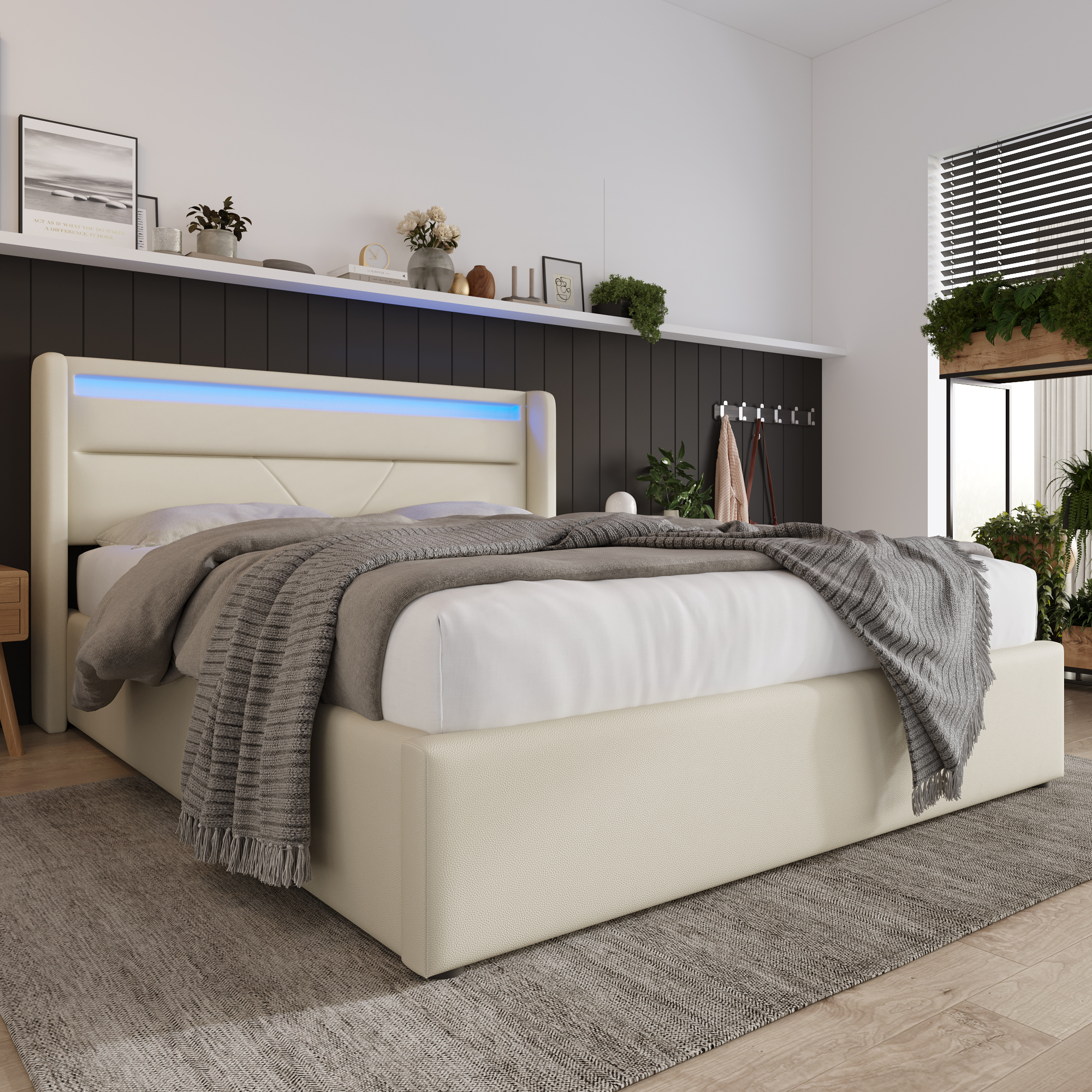 Lit coffre double 160x200cm avec LED et rangement