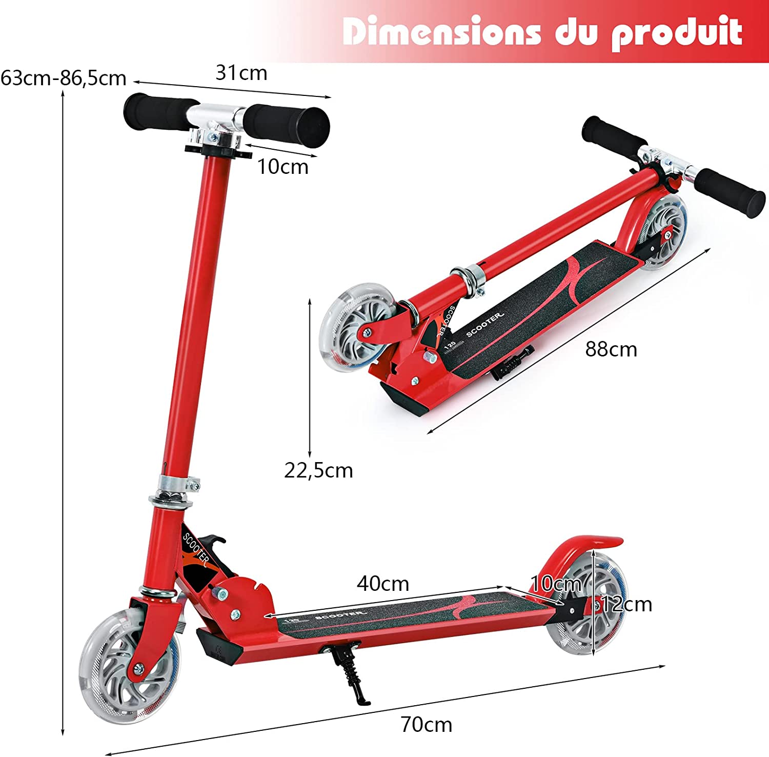 Costway Trottinette Enfant 2 Roues Patinette Enfant Pliable Scooter Enfant Kick Avec Led
