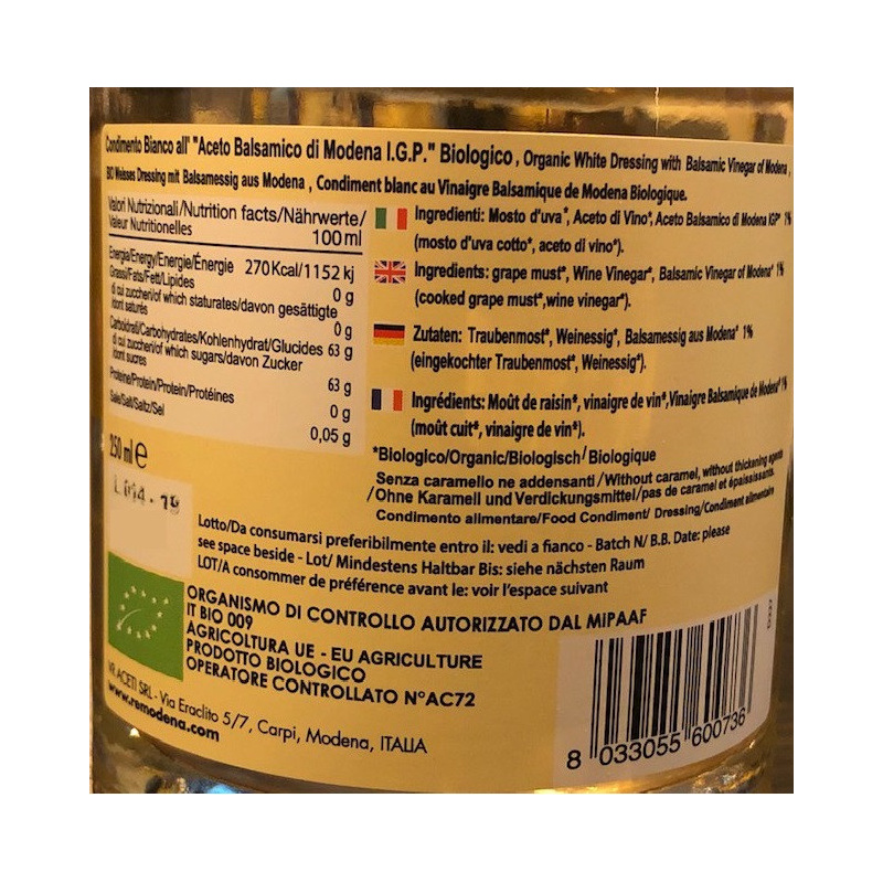 Bis Vinaigre Balsamique Biologique Remodena: Condiment Blanc Et Classique Modena Igp 250 Ml X 2 RE MODENA