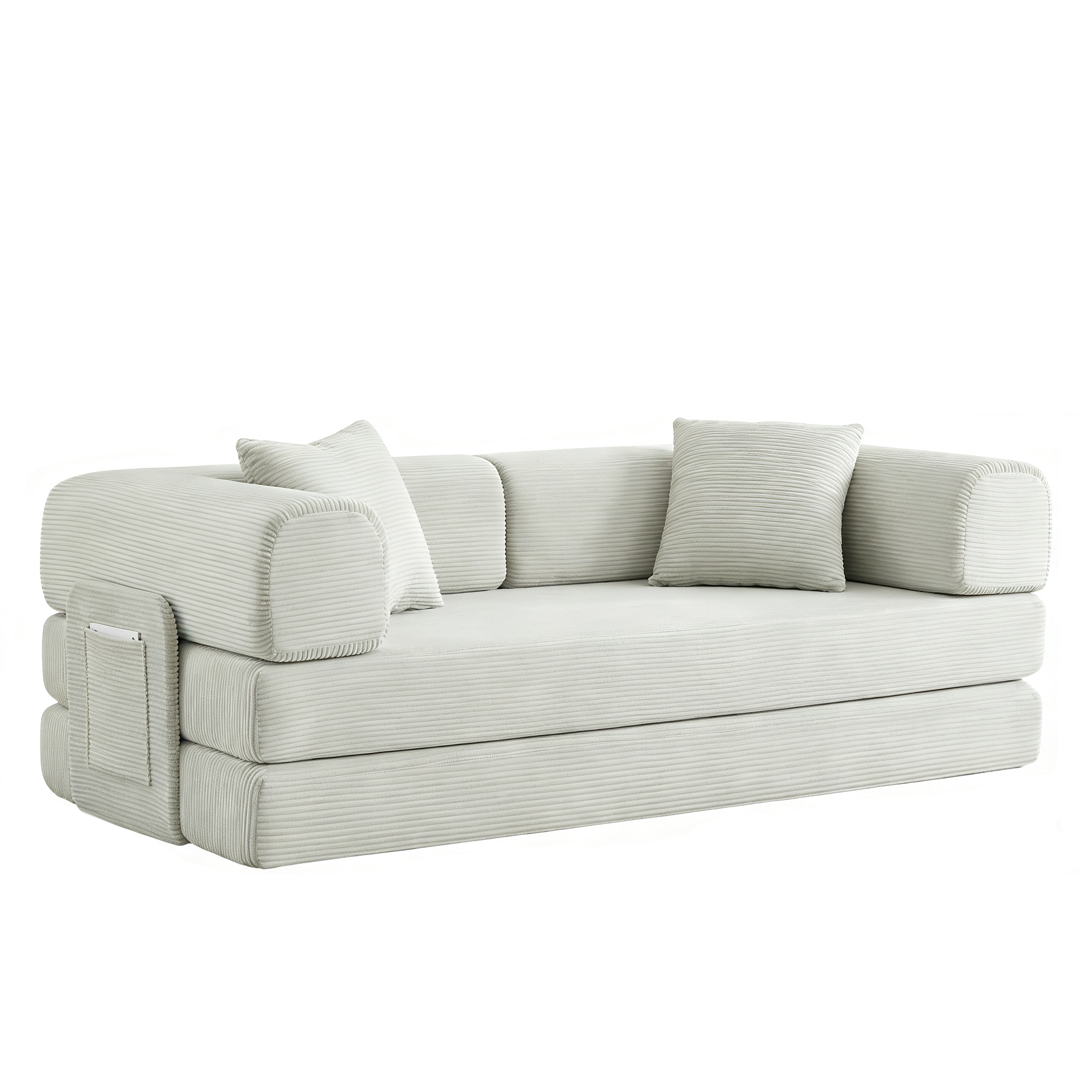 Canapé convertible beige sur fond blanc
