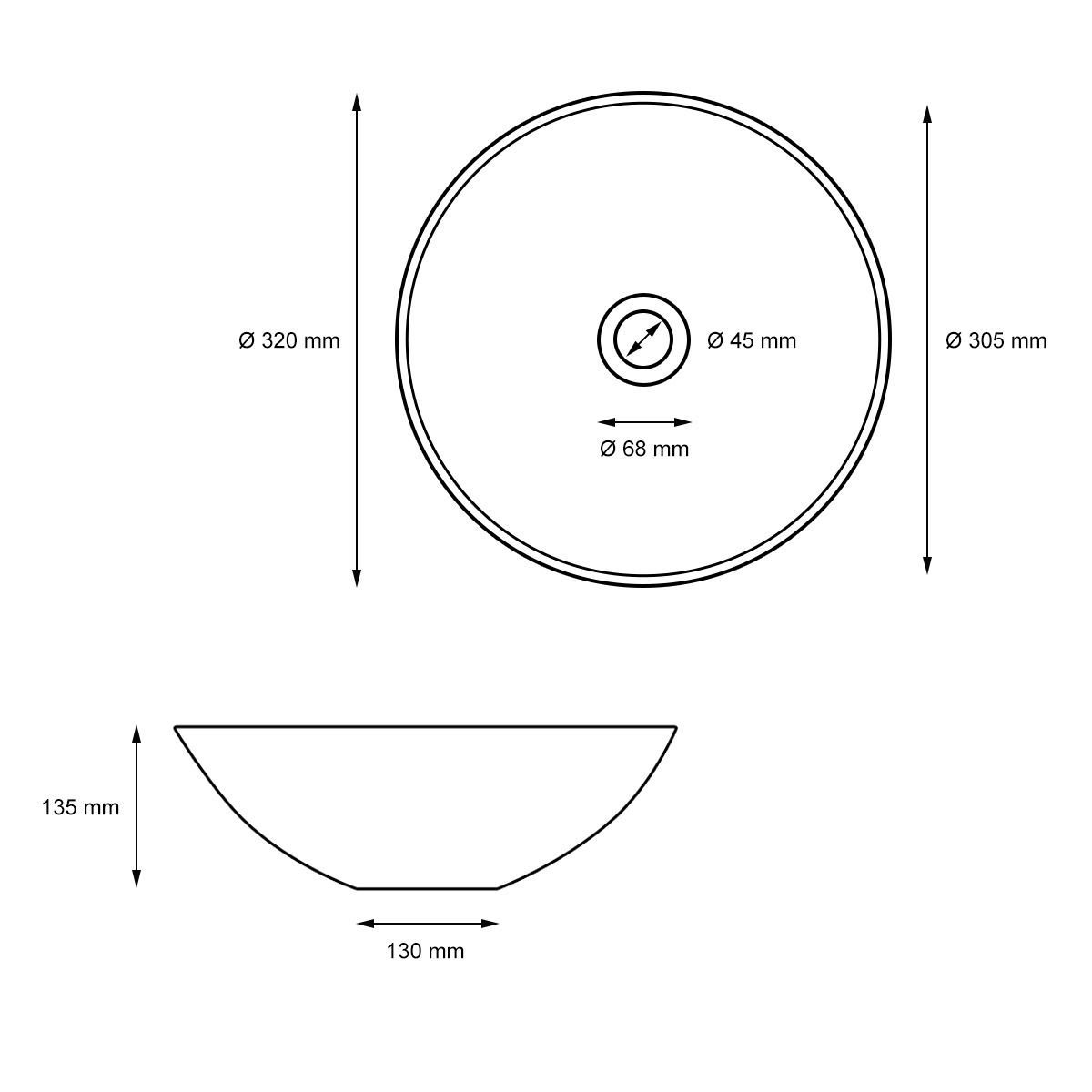 Vasque En Céramique Blanc Avec Bonde De Vidage Pour Salle De Bain Ø 320x135 Mm