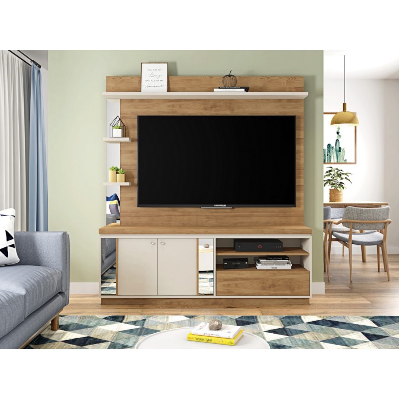 Meuble TV 55 Pouces Chêne Blanc Ecru 1 Porte 6 Roulettes - Dragon L136 H74 P39 Cm