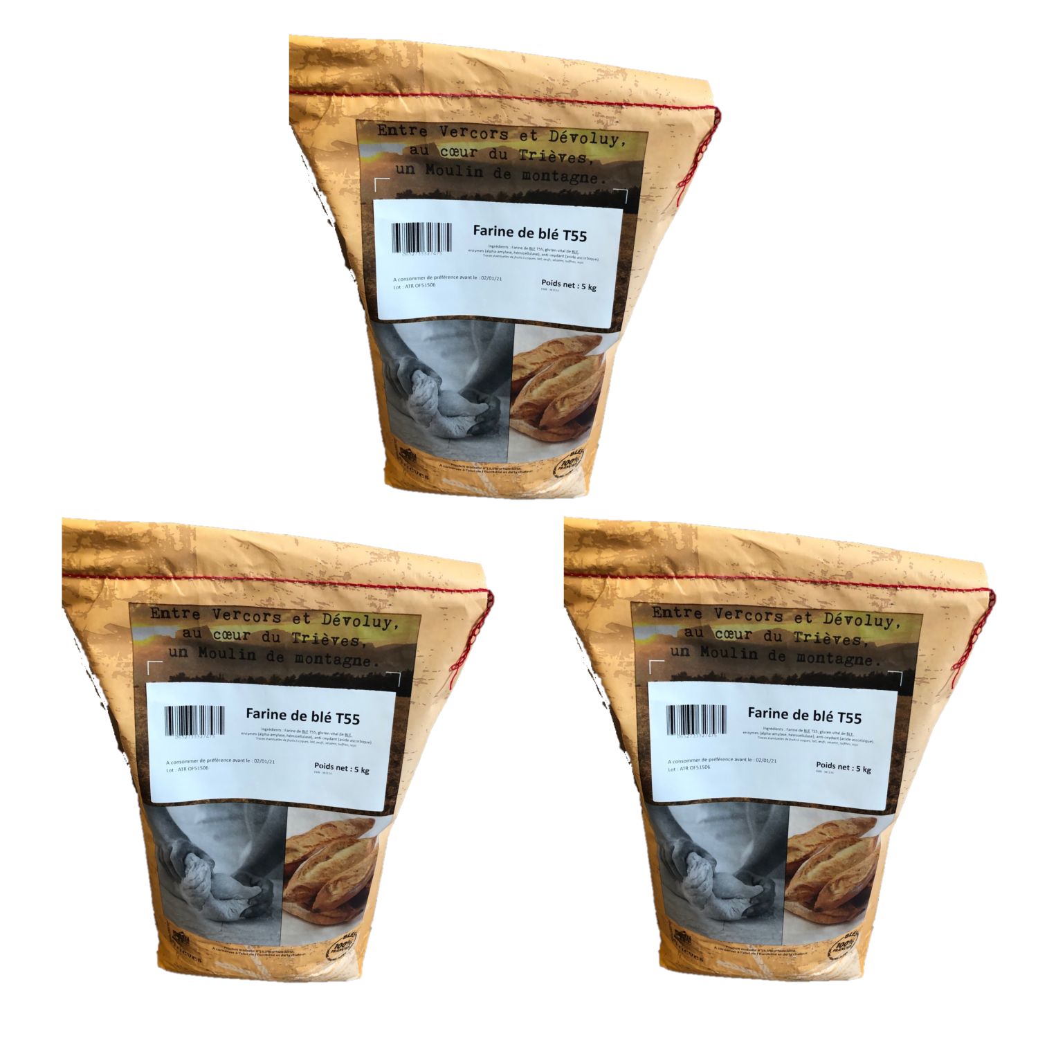 image: Image: Lot 3x Farine T55 De Blé 100% Français - Minoterie Du Trièves - Sac 5k