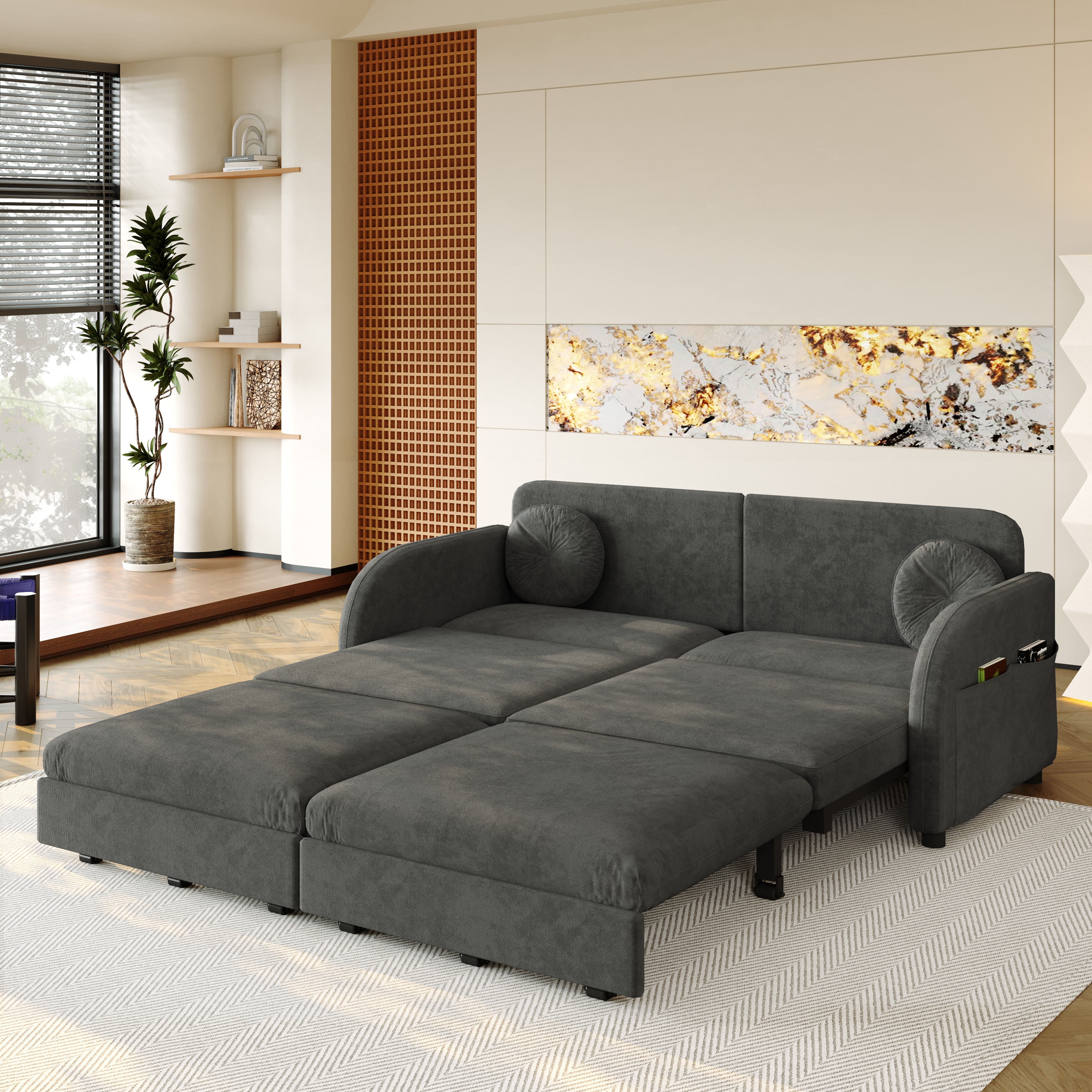 Canapé-lit 2 places gris en chenille avec couchage 154 x 200 cm
