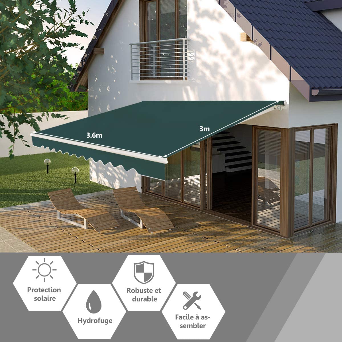 Store Banne De Balcon Rétractable Costway 3,6 X 3 M  Angle Réglable 5-35° Vert