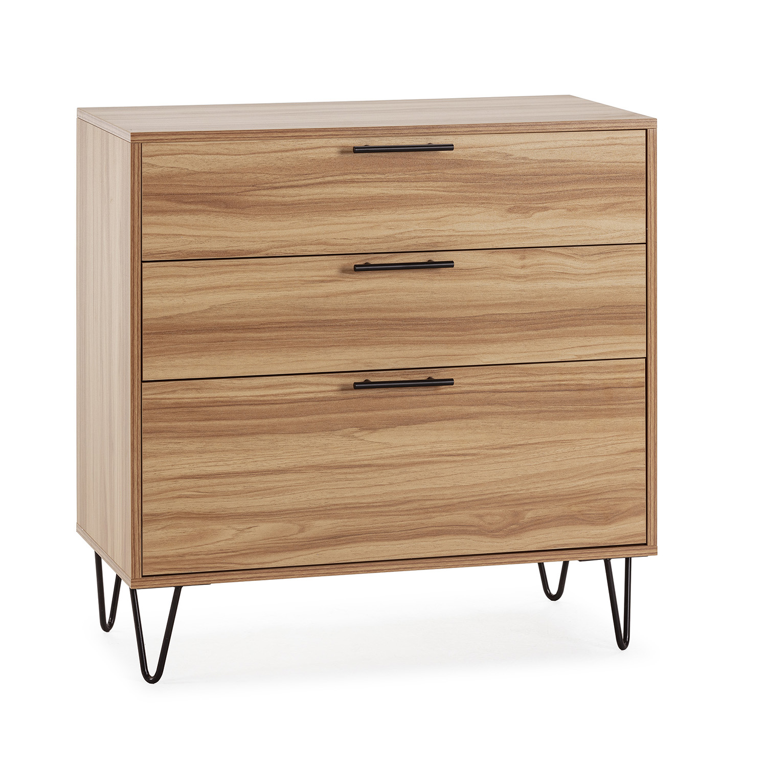 Commode De Nuit Alma 3 Tiroirs, Coloris Bois, Pieds Métal