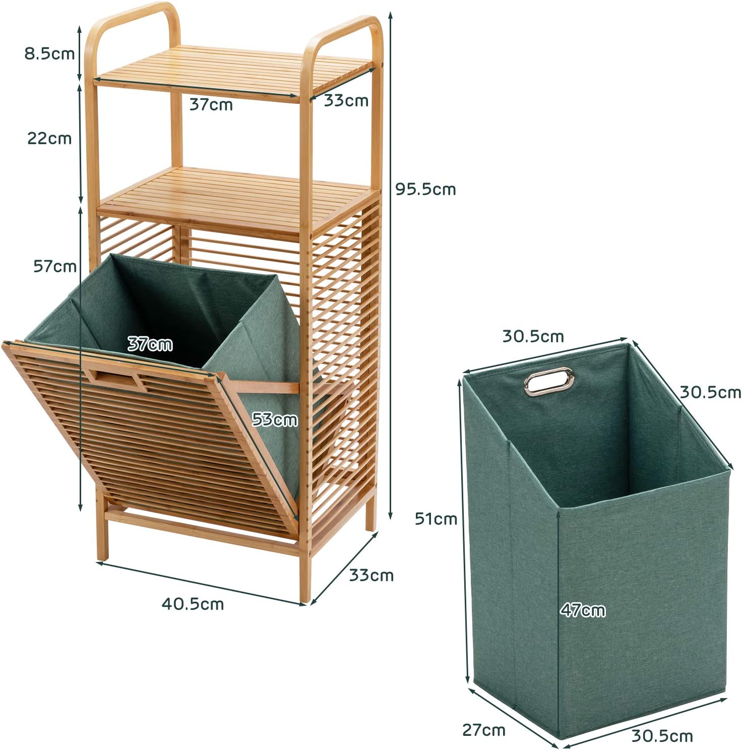 Costway Panier De Linge En Bambou Avec Corbeille En Tissu Oxford Inclinable Et Amovible 2 Etagères