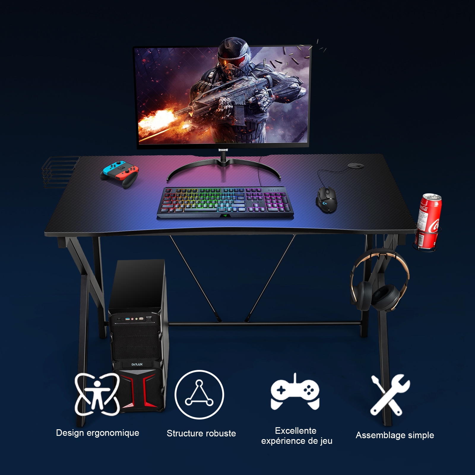 Costway Bureau Gamer Bureau De Jeu Pour Gaming Avec Stockage Vidéo