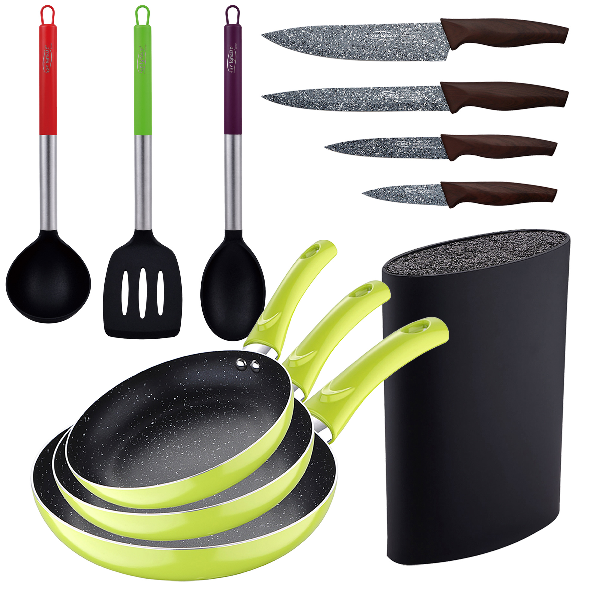 Set 3pc Poêle 20+24+28cm Aluminium Pressé Vert Avec Set 3pc Ustensiles De Cuisine En Nylon Avec Set 4pc Couteaux