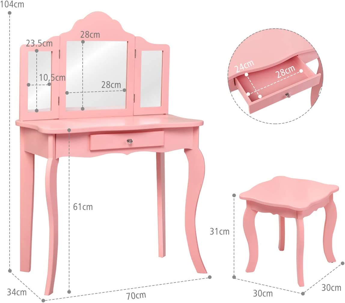 Costway Coiffeuse Enfant Rose Avec Tabouret