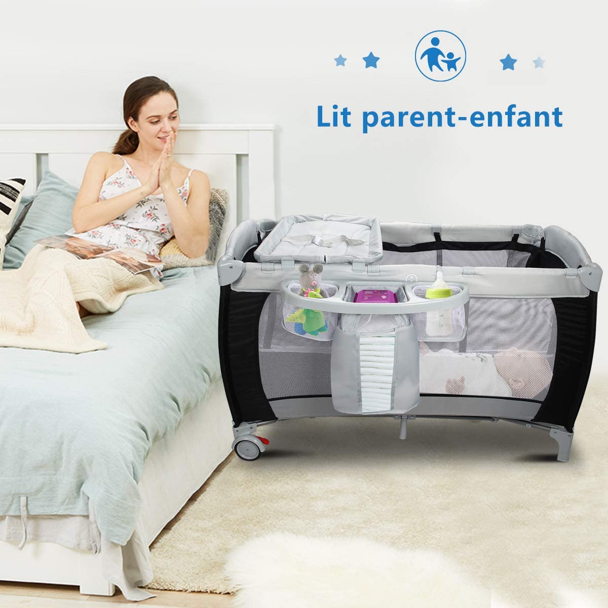 Costway Lit Bébé Parapluie Avec Matelas Lit Pour Bébé Avec Moutiquaire 120 X 60 X 76 Cm (noir)