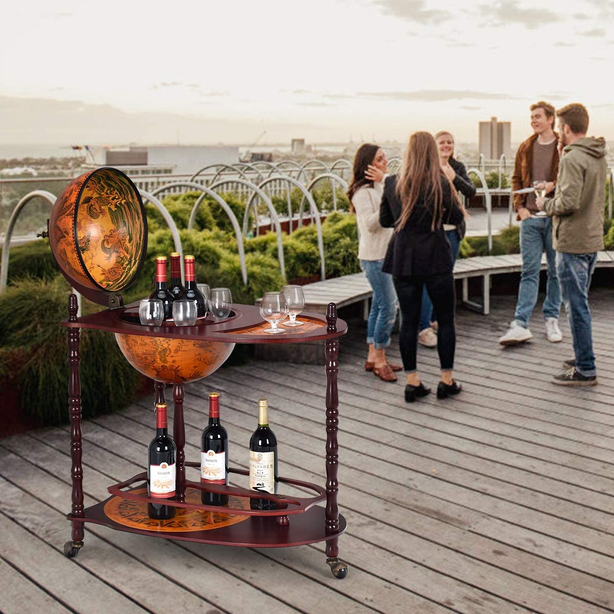 Bar Globe Terrestre Vintage Mappe Monde En Bois D'eucalyptus Avec Roulette Pour Stocker Bouteilles