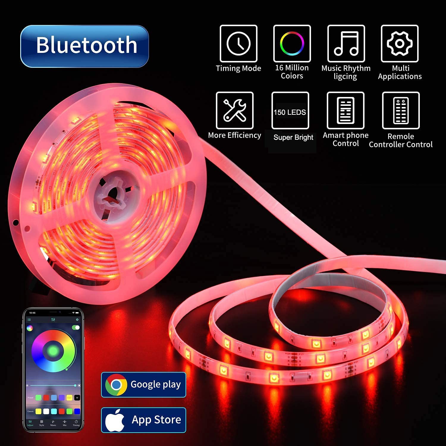 Ruban À Leds Rgb 3m50 Bluetooth - Télécommande Et Micro Intégré - Contrôle Smartphone
