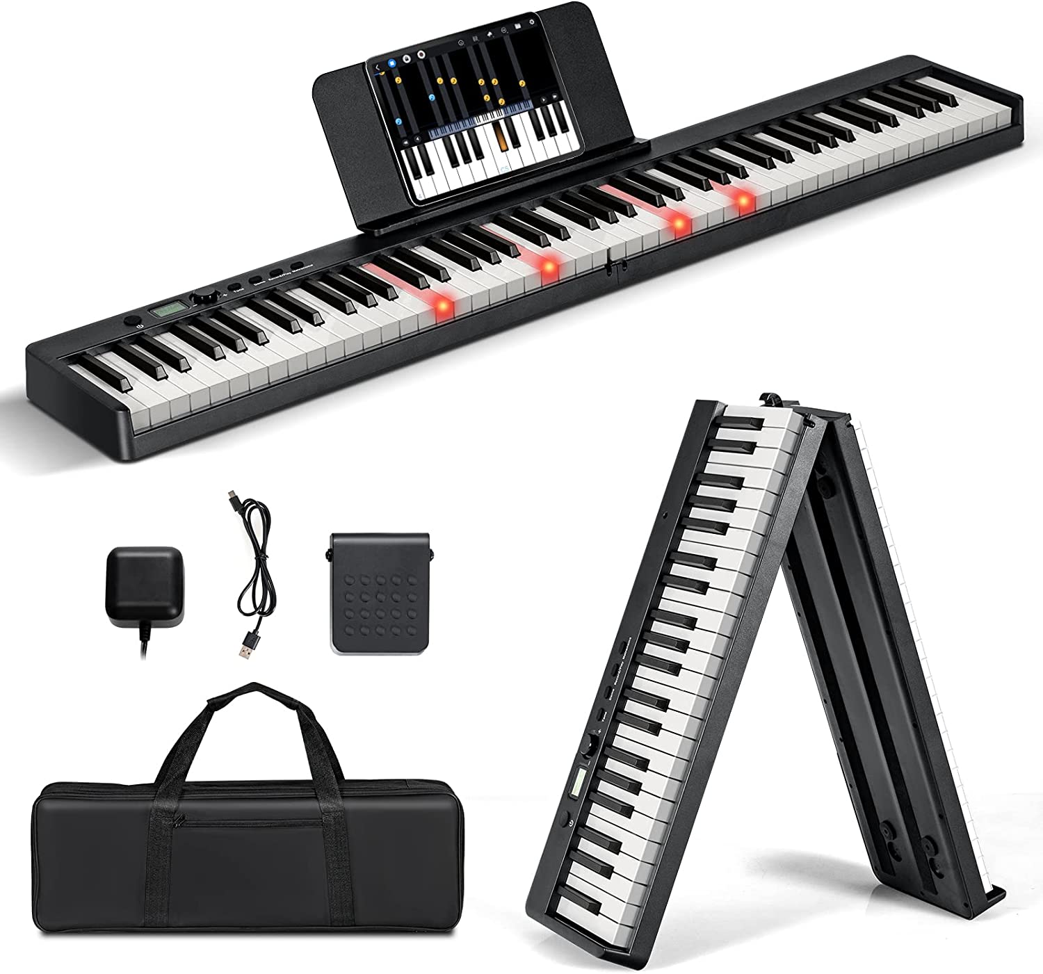 Piano Numérique Pliable À 88 Touches Avec Pupitre,clavier Electrique Portable Avec Touche Lumineuse