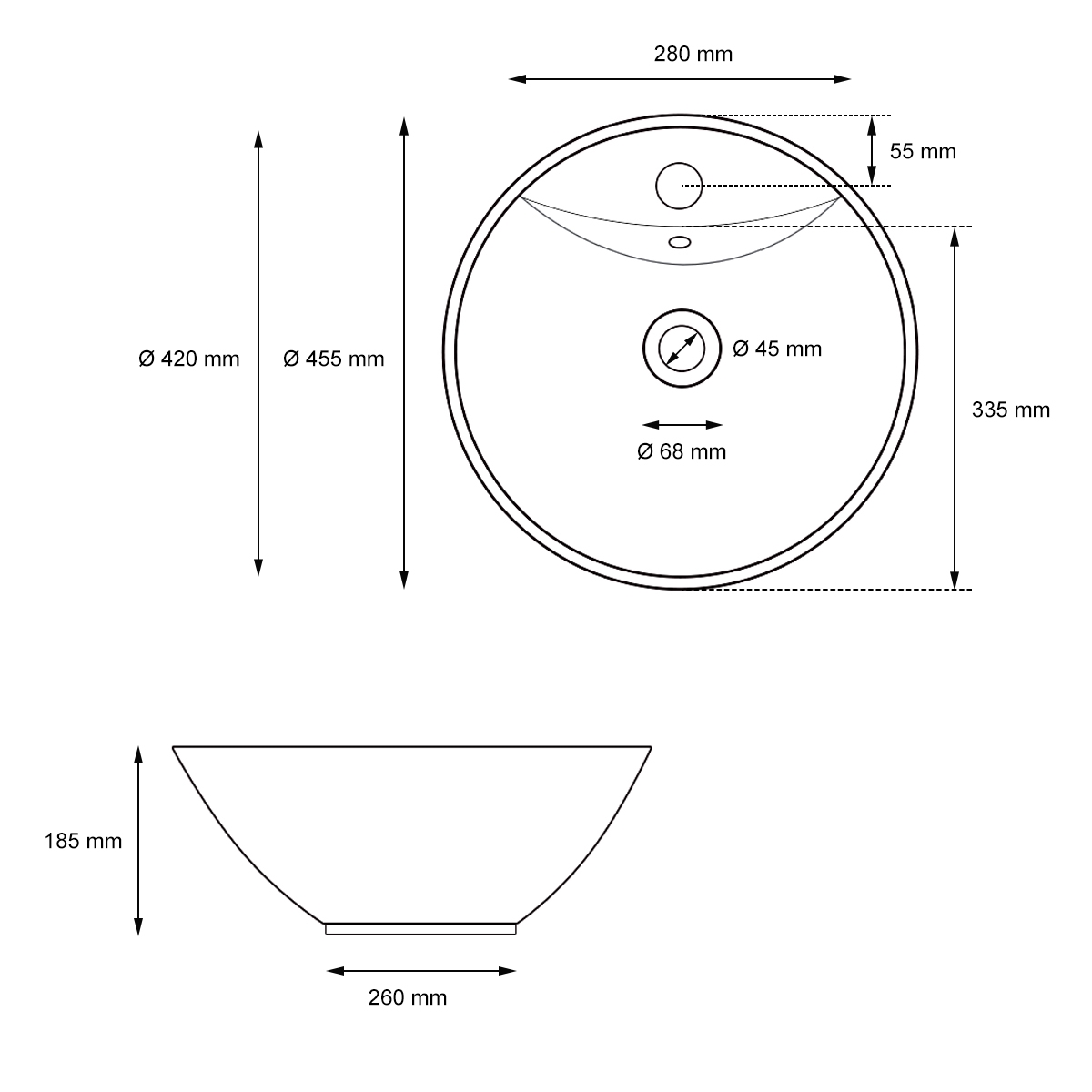 Lavabo Salle De Bain Céramique Blanc Avec Garniture De Vidange Ø 455x455x185 Mm