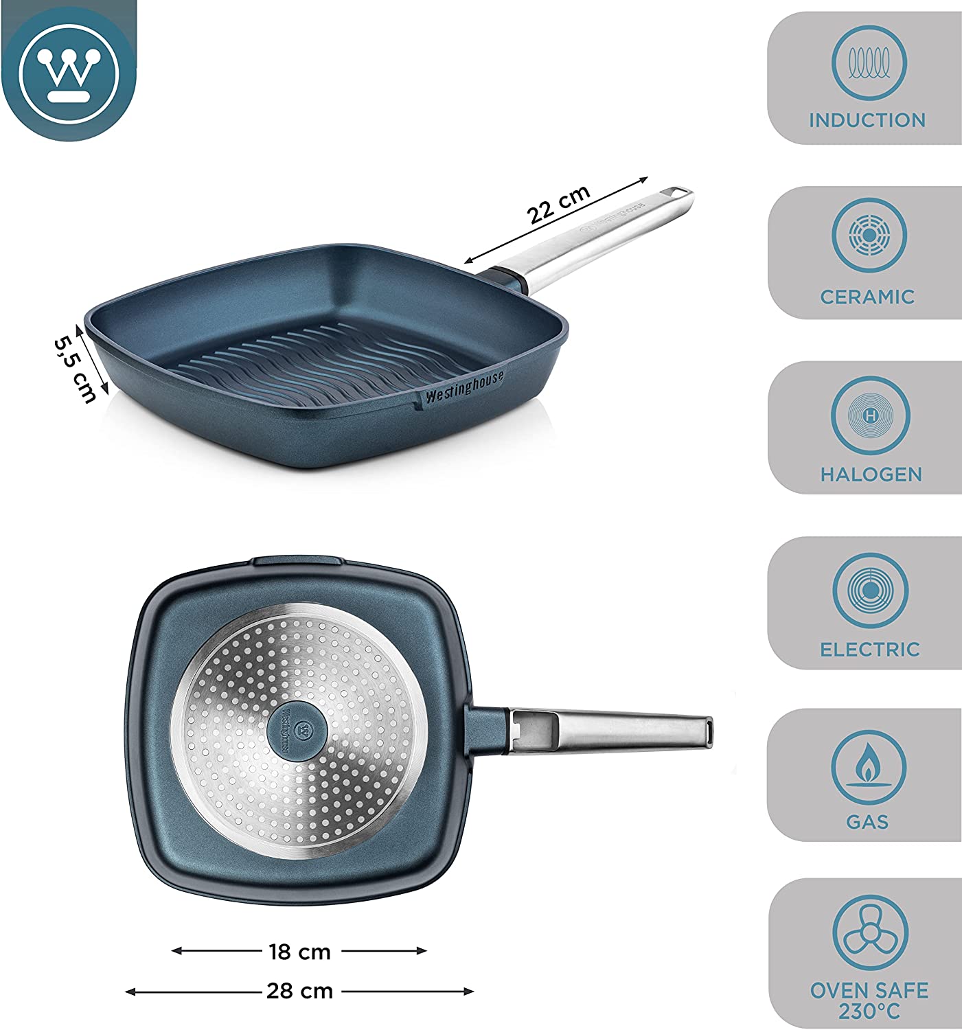 Westinghouse - Série Performance - Poêle À Griller 28 Cm - Induction - Bleu