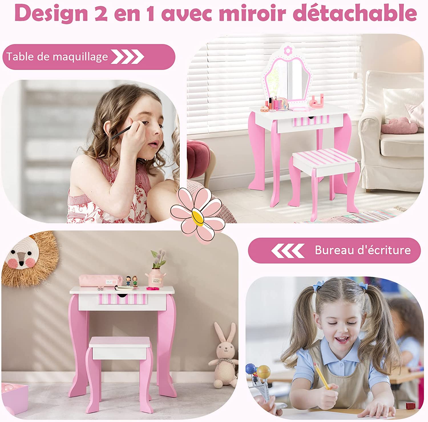 Coiffeuse Pour Enfants Avec Miroir Et Tabouret En Bois - Style Princesse Cadeau Pour Filles Rose