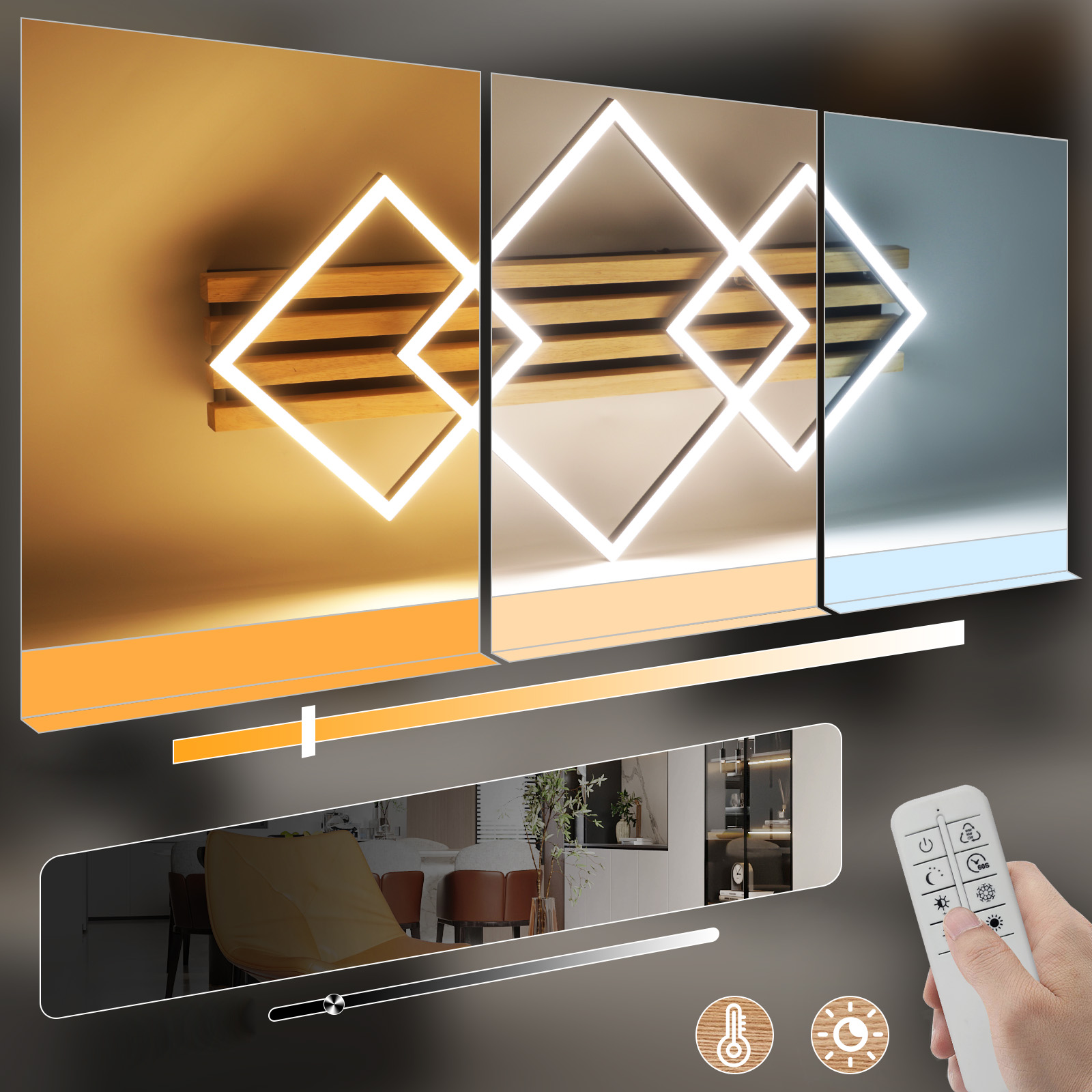 Zmh Lampada Da Soffitto Plafoniera Led Legno Dimmerabile Memory 70Cm 46W Design Quadrato Nero Per Soggiorno