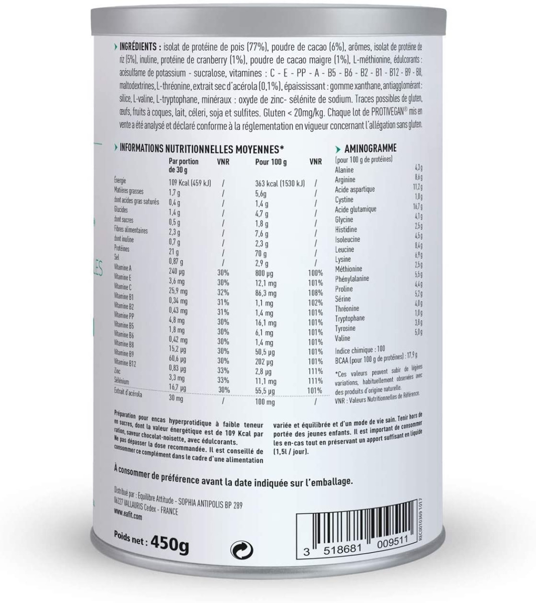 Eafit Protivegan Chocolat Noisette 450 G EAFIT