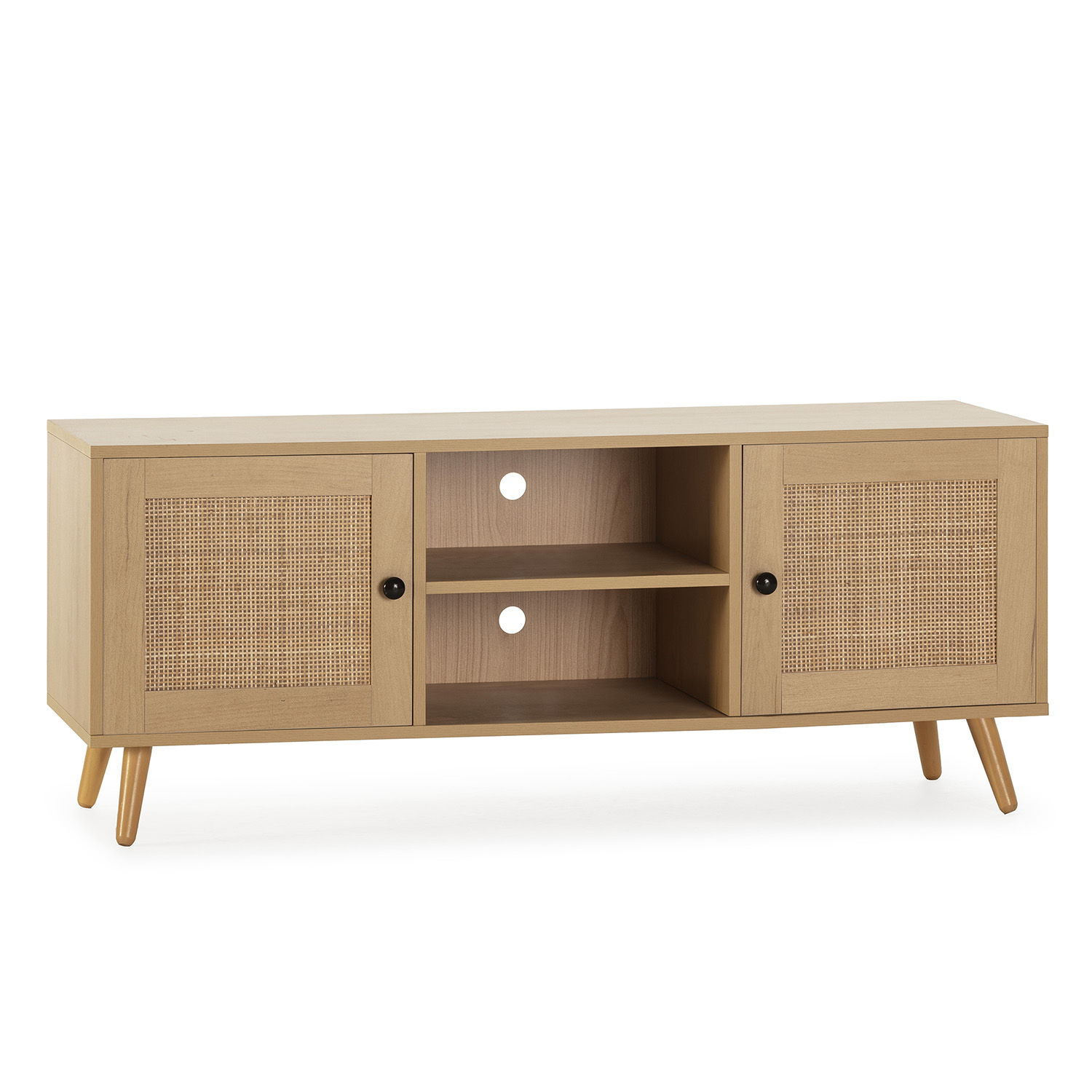 Meuble Tv Bella 2 Portes Couleur Chêne Avec Rotin Naturel