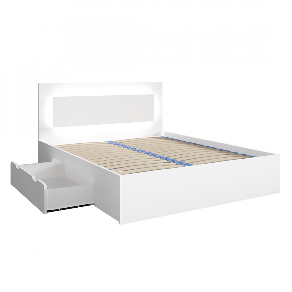 Lit Nofi Blanc 140x200 Cm Avec Tiroirs, Idéal Pour Chambre À Coucher. Meuble Design