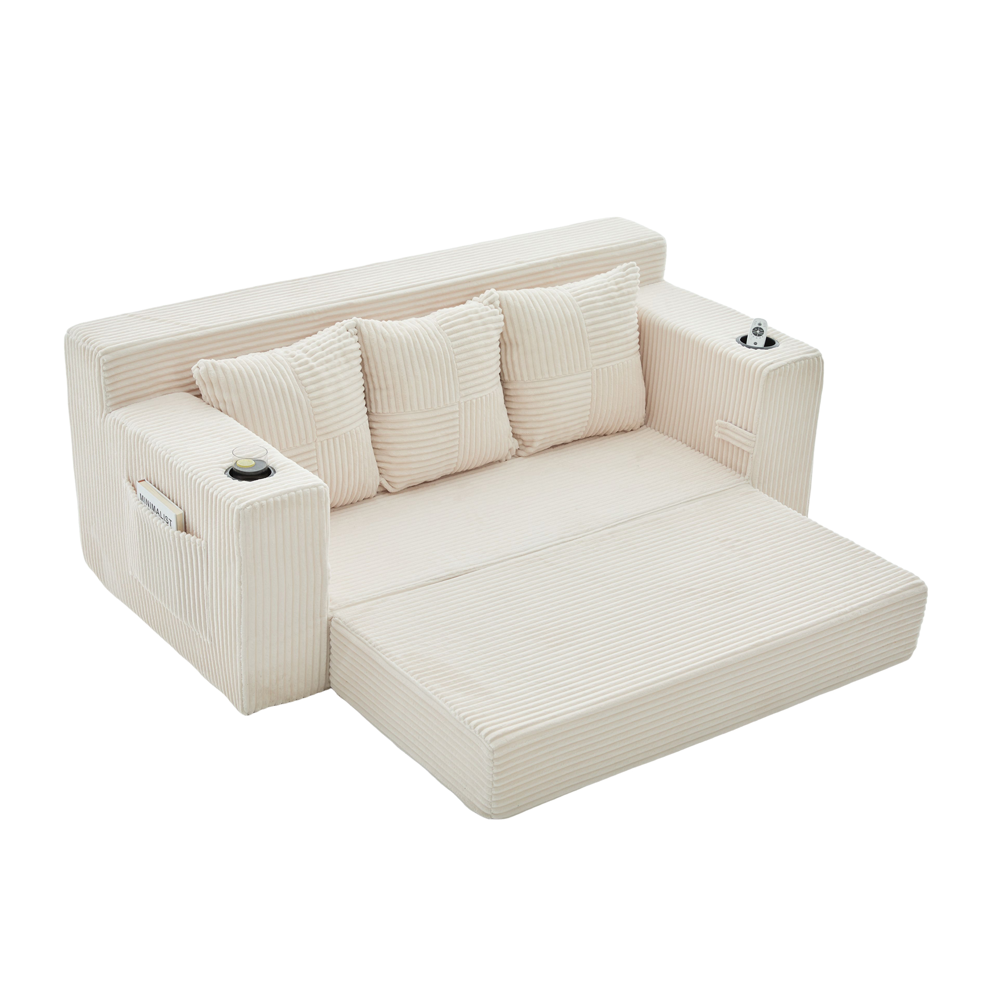 Canapé convertible beige sur fond blanc
