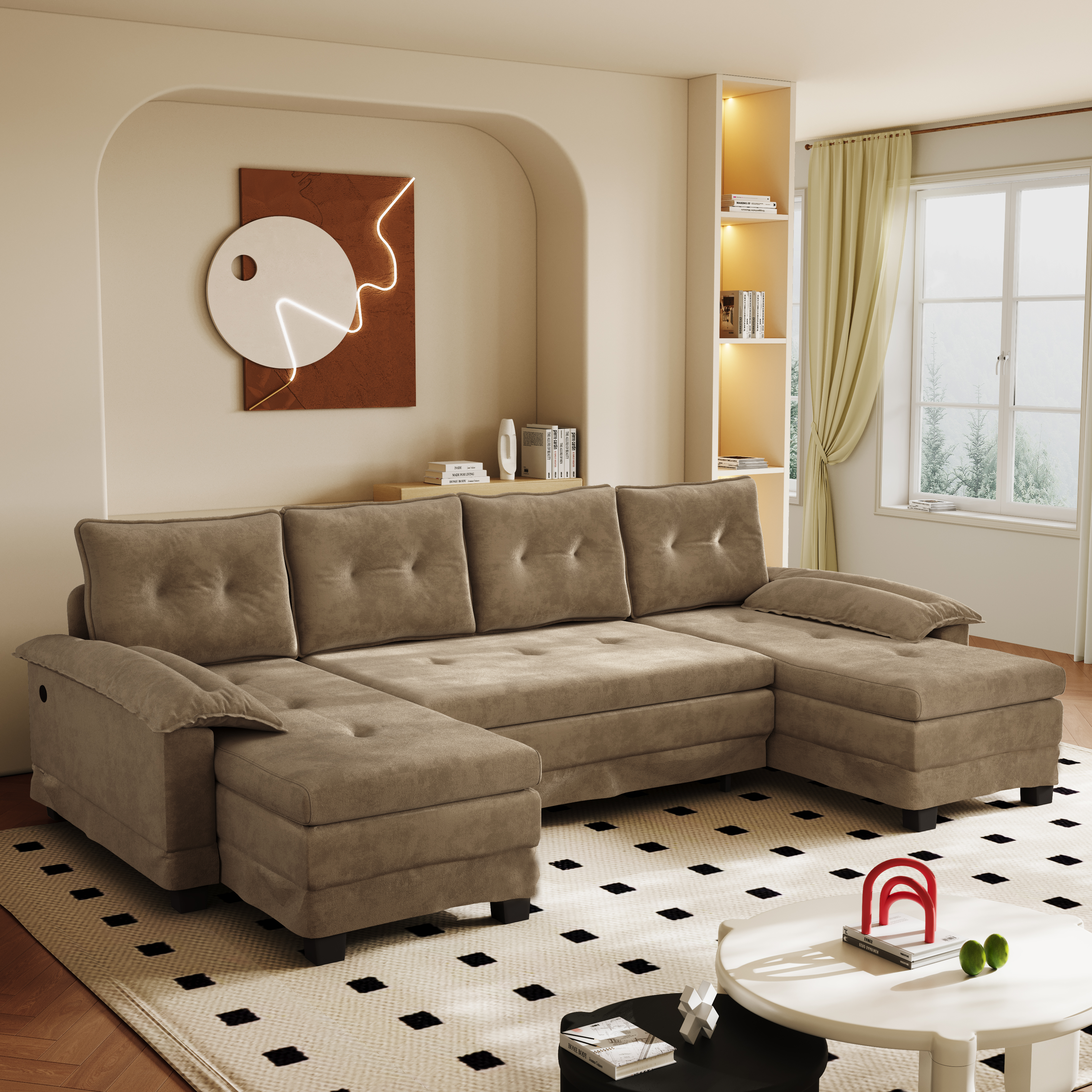 Canapé panoramique en U convertible 278 cm en tissu chenille kaki, lit gigogne, port...