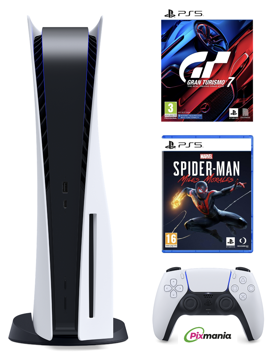 Pack Console PS5 Edition Standard + manette DualSense Blanc + Gran Turismo 7 + Spiderman