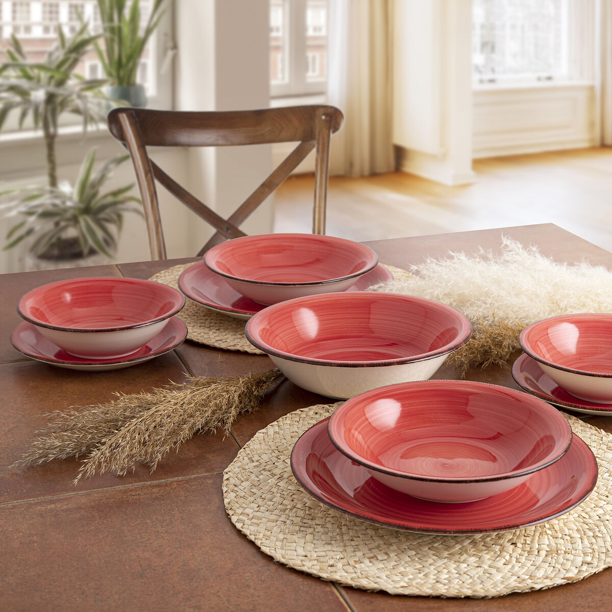 Set Di 18 Stoviglie In Ceramica Per 6 Persone Dipinte A Mano Rosso Corallo Vita Quid