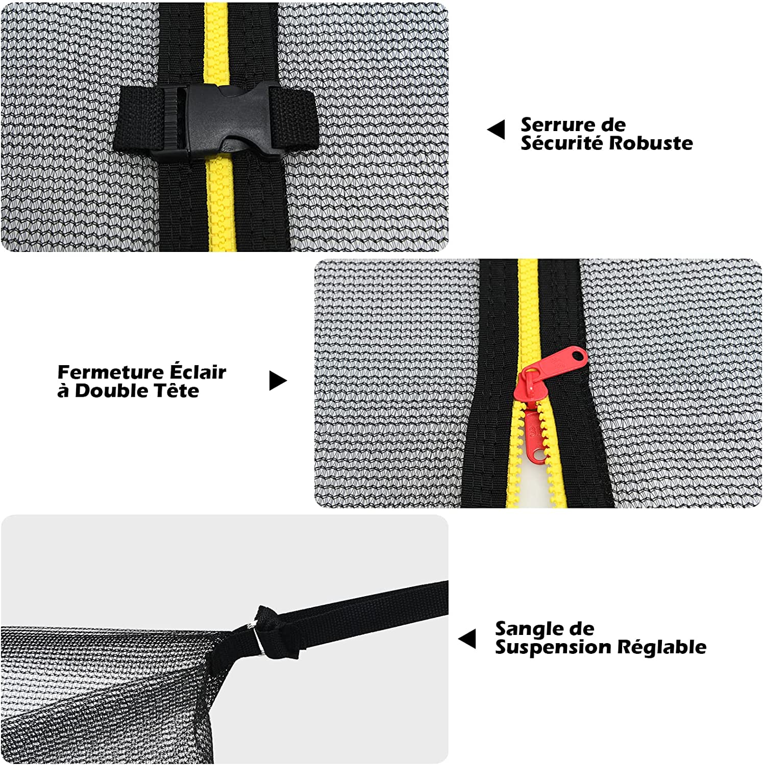 Filet De Remplacement Pour Trampoline – 6 Poteaux, PE Tissé, Hauteur 1,8-3,7 M, Double Fermeture éclair, Sangles Réglables