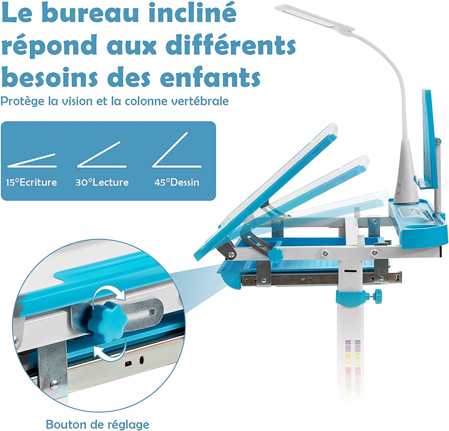 Ensemble Bureau Et Chaise Pour Enfants Avec Éclairage Led, Plateau Incliné Et Tiroir Coulissant