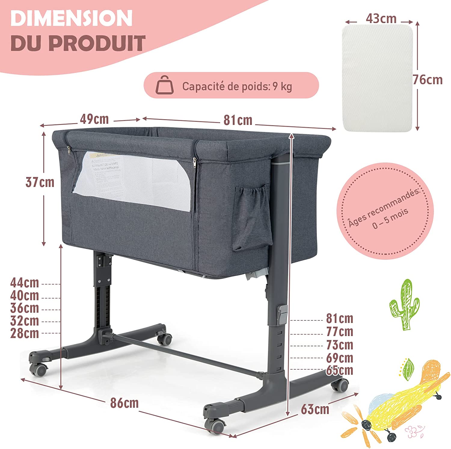 Lit Cododo Bébé 3 En 1 Avec Hauteur Réglable 5 Niveaux, Lit Berceau Inclinaison De 10° Avec Matelas Confortable