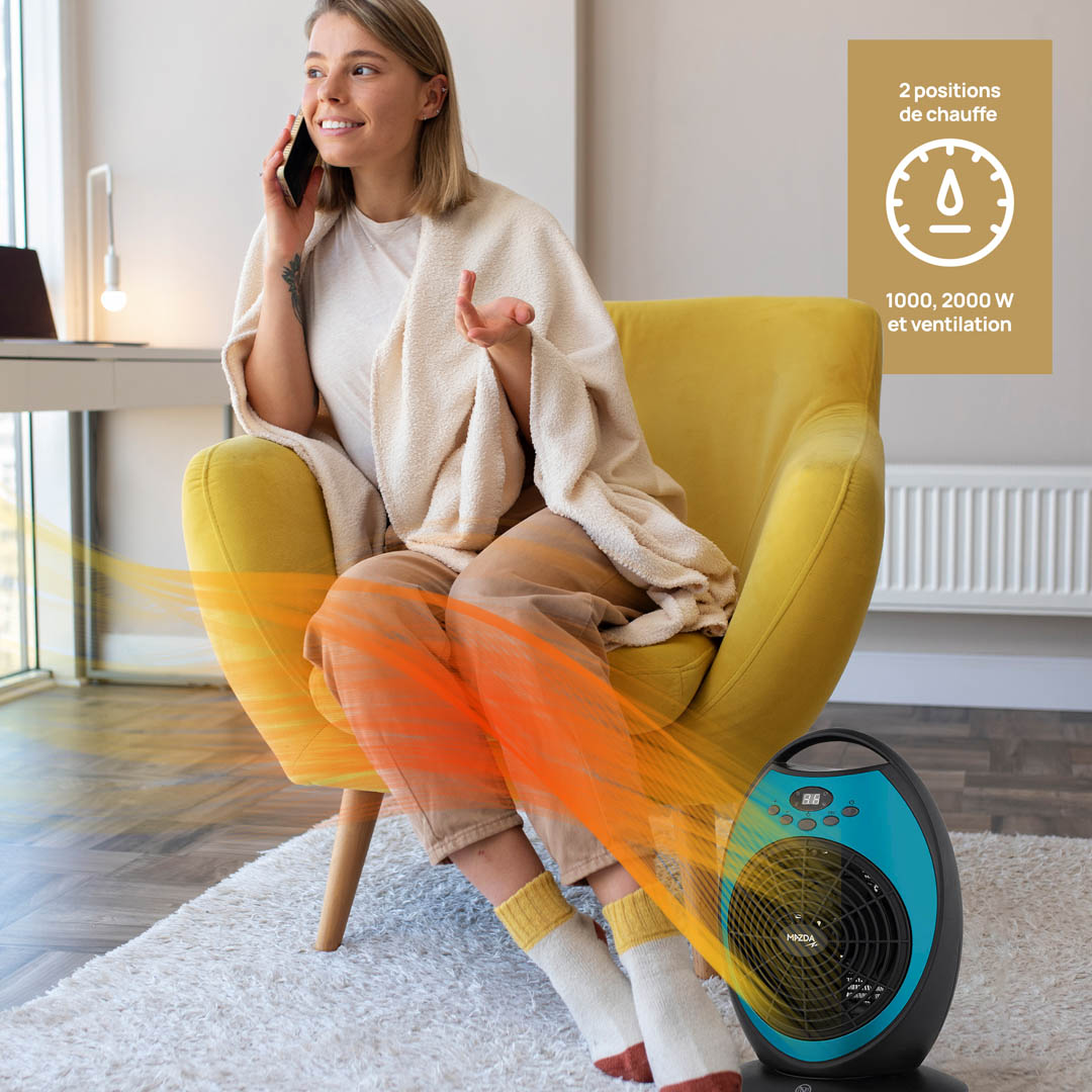 Soufflant 2 En 1 Mazda Ogive - Ventilateur Oscillant Et Radiateur Mobile - Température Réglable, Minuterie - Bleu