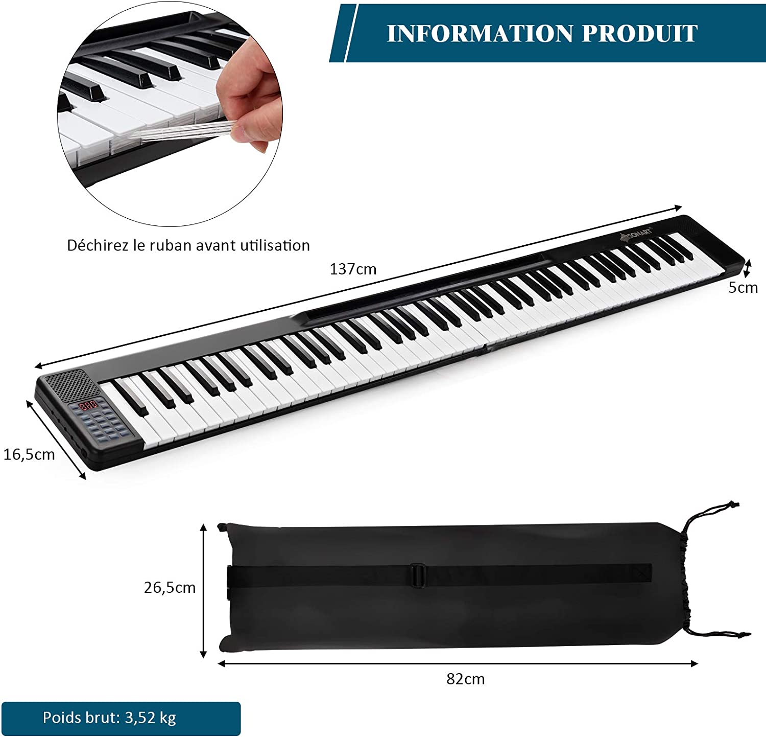 Clavier Électronique Portable 2 En 1 88 Touches Avec Fonction Bluetooth Piano Numérique