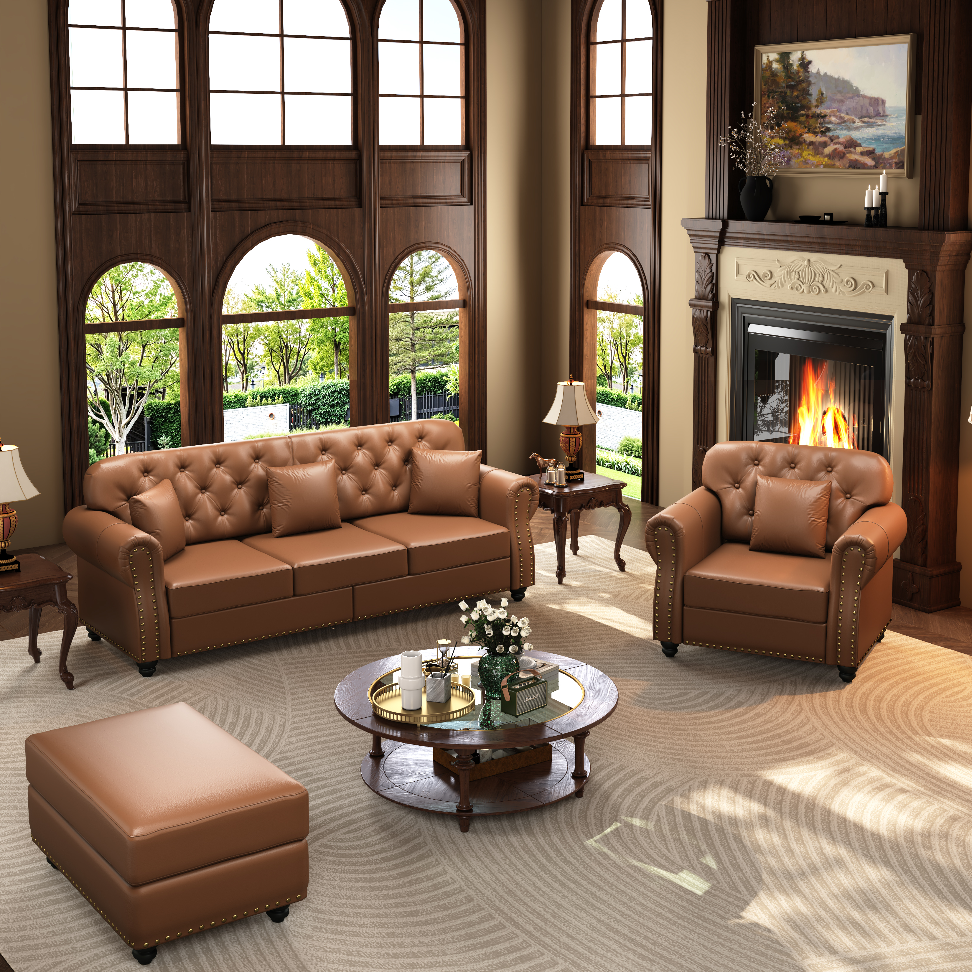 Ensemble salon esprit Chesterfield 4 places avec pouf en revêtement simili cuir...