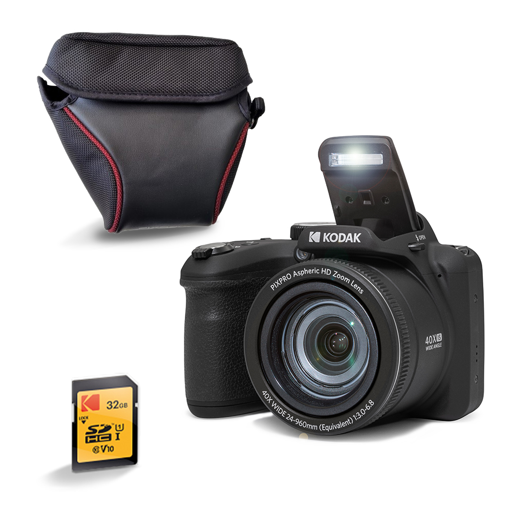 KODAK Pixpro AZ405 Bridge 20MP, Zoom X40, Grand Angle 24mm, Full HD 1080p, OIS, LCD 3'', Housse + Carte SDHC 32GB U1, Pile AA - Noir