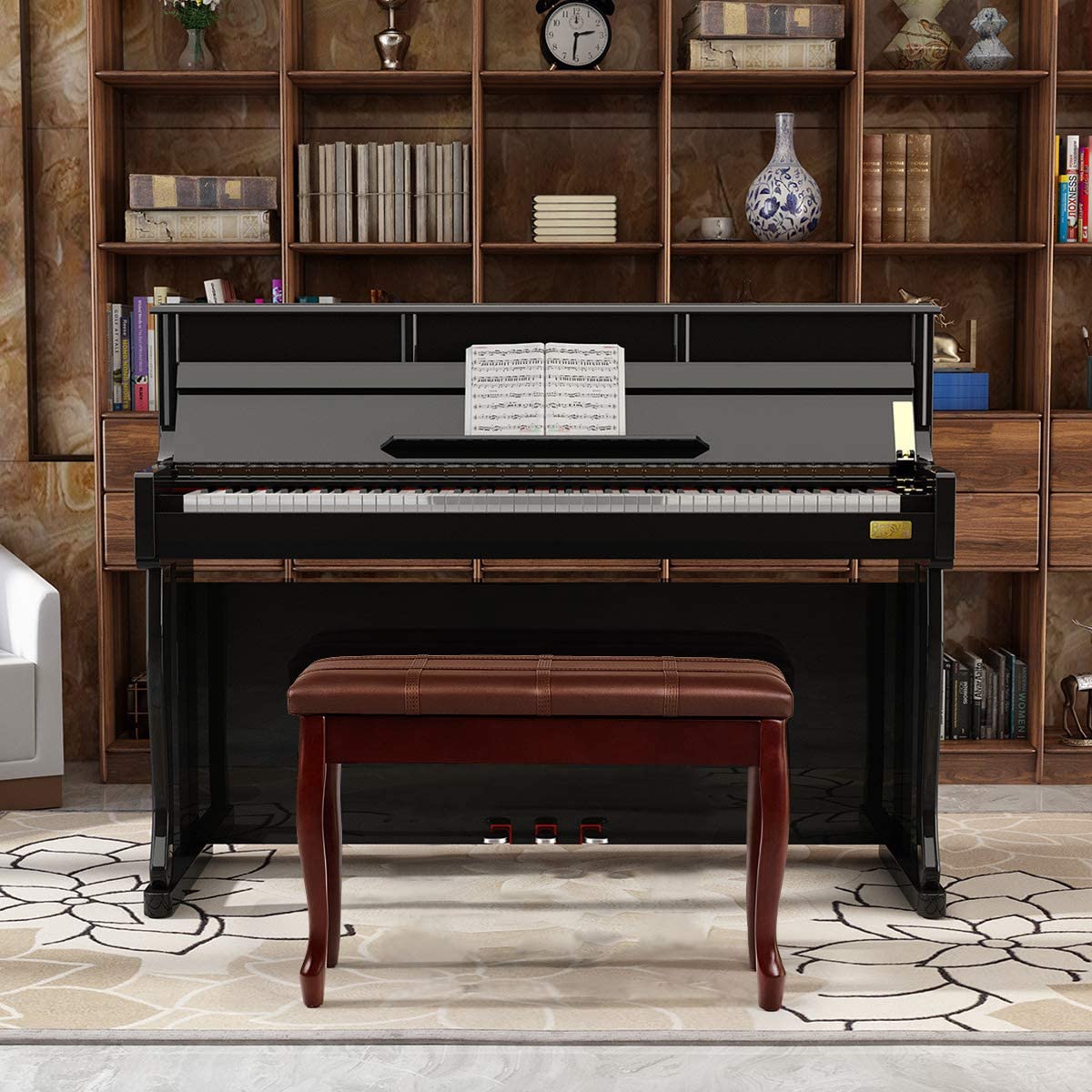 Costway Banc De Piano En Bois, Avec Coussin En Cuir Rembourré