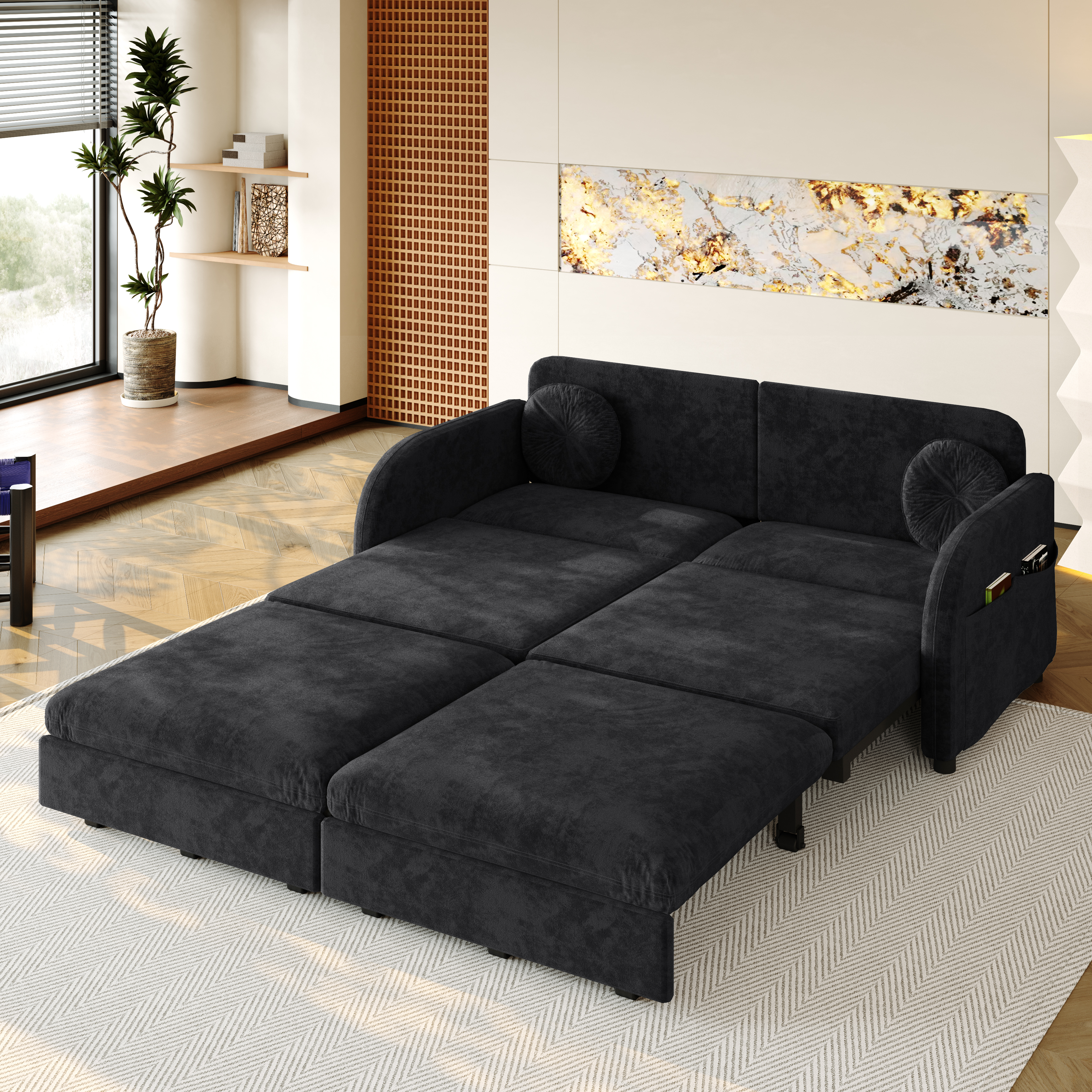 Canapé-lit 2 places noir en chenille avec couchage 154 x 200 cm