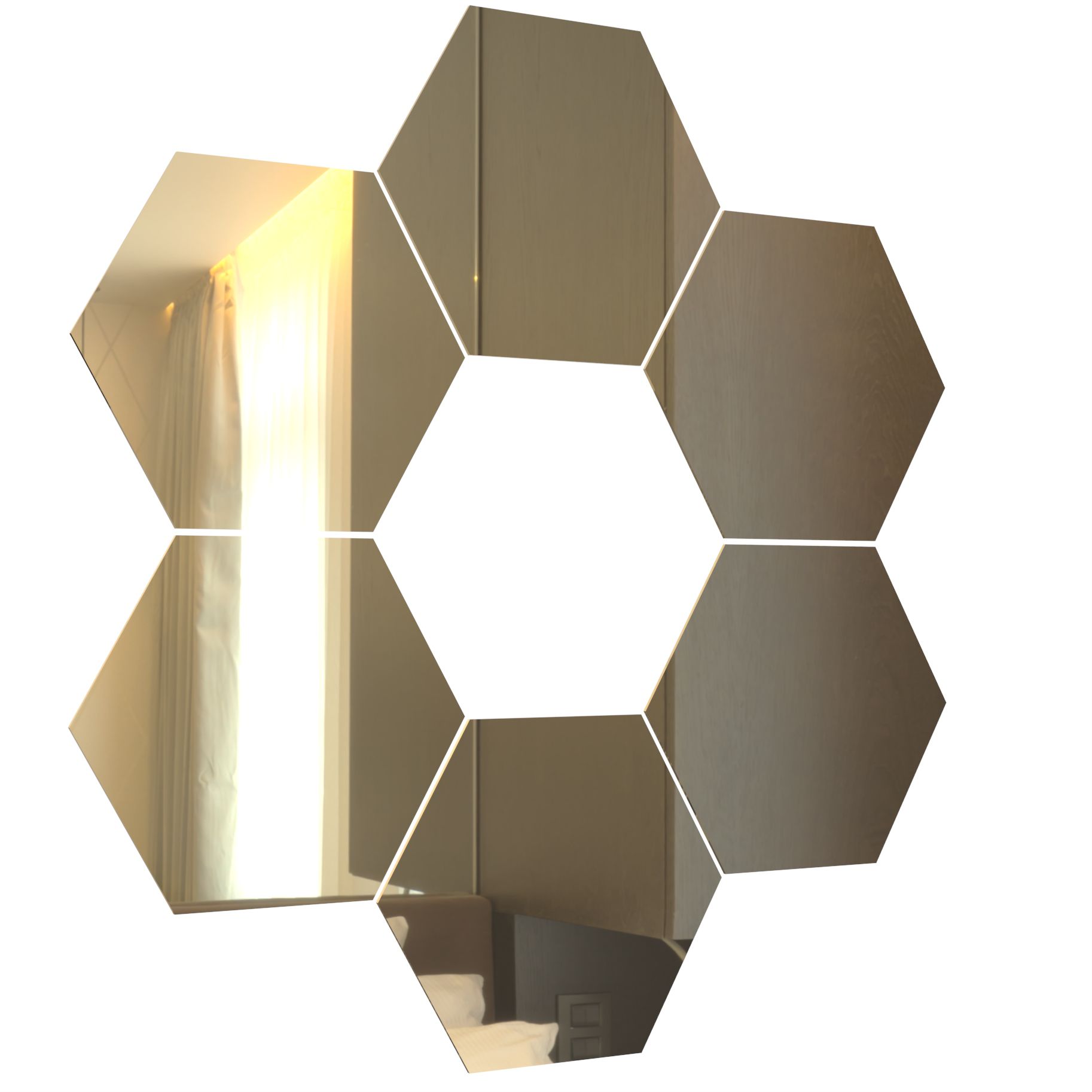 Gold Hexagon Acrylic Mirror Wall Art Tiles Décor - Self Adhesive- 20cm - Large - 6-Pack
