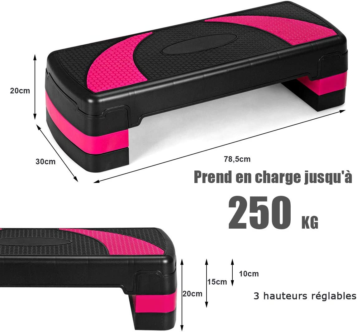 Costway Aérobic Step Fitness Réglable En Hauteur 3 Niveaux 10/15/20cm Avec Surface Antidérapant Capacité