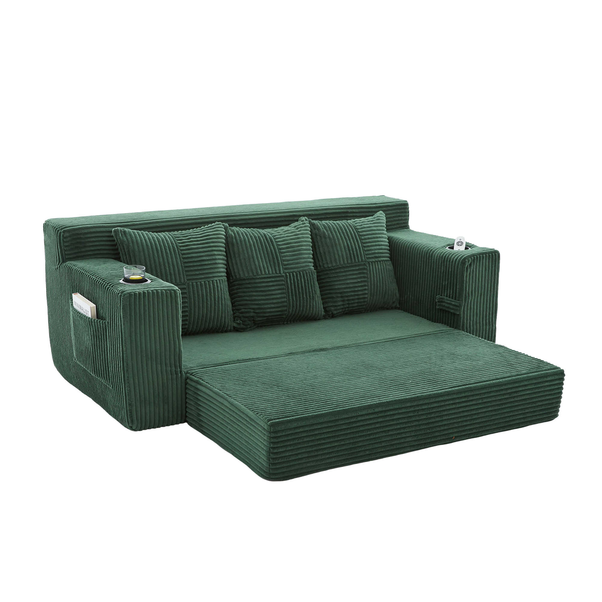 Canapé convertible vert sur fond blanc